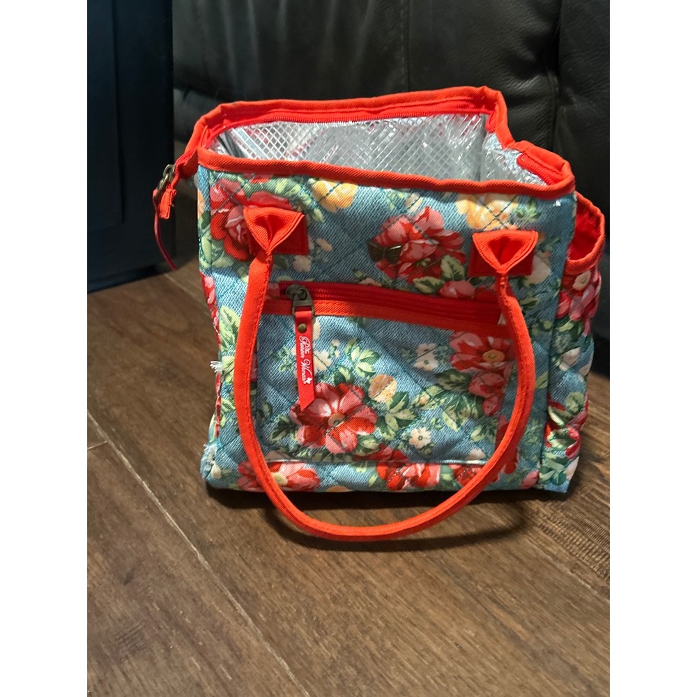 Pioneer Woman Blue Floral Insulated Lunch Tote Bag Red Trim Quilted Zipper